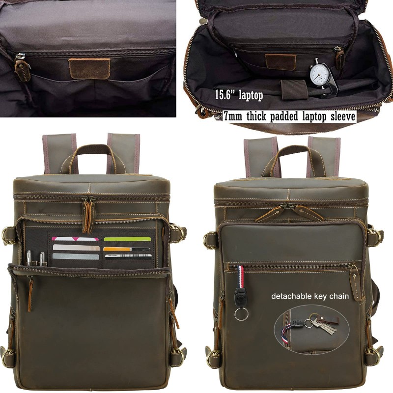 Vintage Full Grain Leather Men's Green Backpack